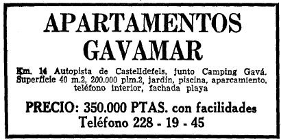 Anuncio de los apartamentos GAVAMAR de Gav� Mar publicado en el diario LA VANGUARDIA (22 de Junio de 1965)